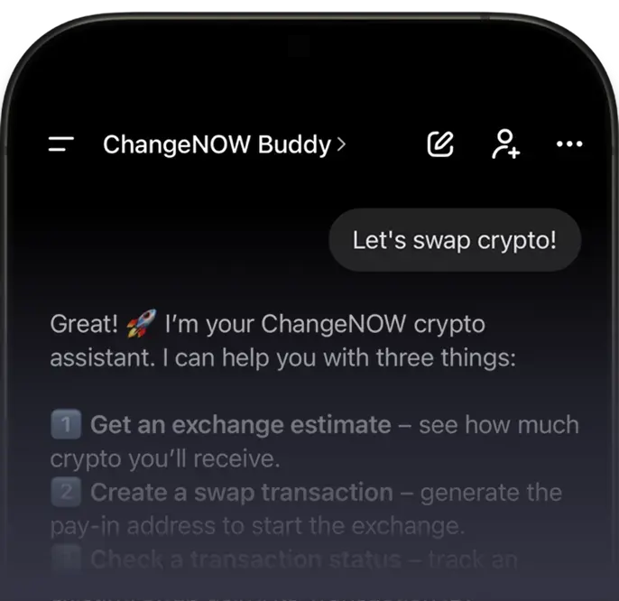 ChangeNOW Buddy chat listing exchange estimates, swap creation and transaction status checks